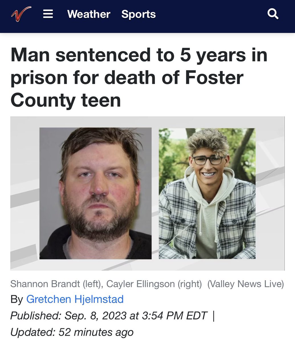 libsoftiktok's tweet photo. Shannon Brandt who murdered Cayler Ellingson for being a Republican was sentenced today to 5 years in prison.

Shannon reportedly told 911 that Cayler was part of a “Republican extremist group.”

Meanwhile Republicans are getting jailed for 17 years for tearing down a fence. https://t.co/8tL8L3y3Li