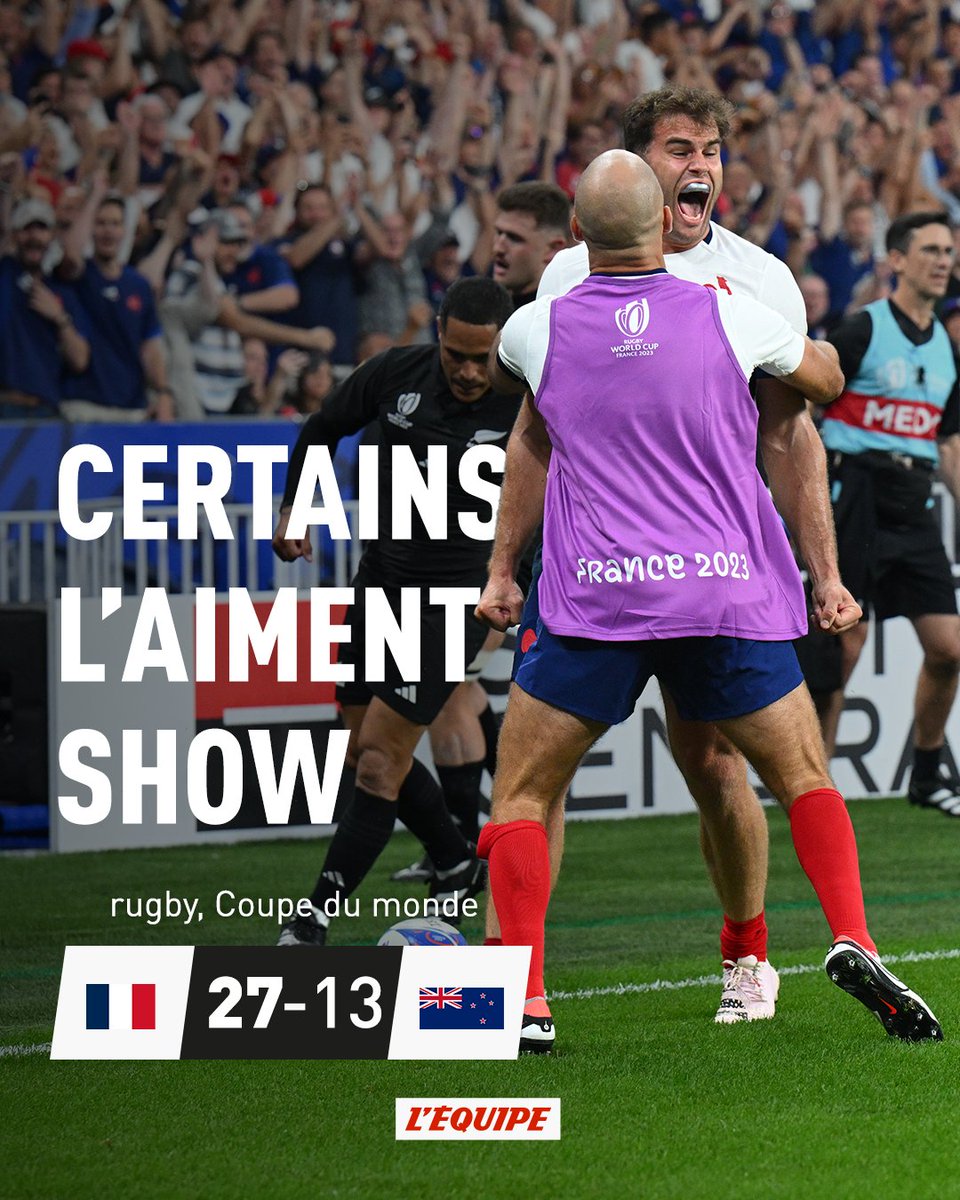 Victorieux (27-13), le XV de France s'impose face à la Nouvelle-Zélande, vendredi soir, en ouverture de la dixième Coupe du monde au Stade de France et prend la première place de sa poule. > ow.ly/p27H50PJw6m #RugbyWorldCup #FRAvNZL