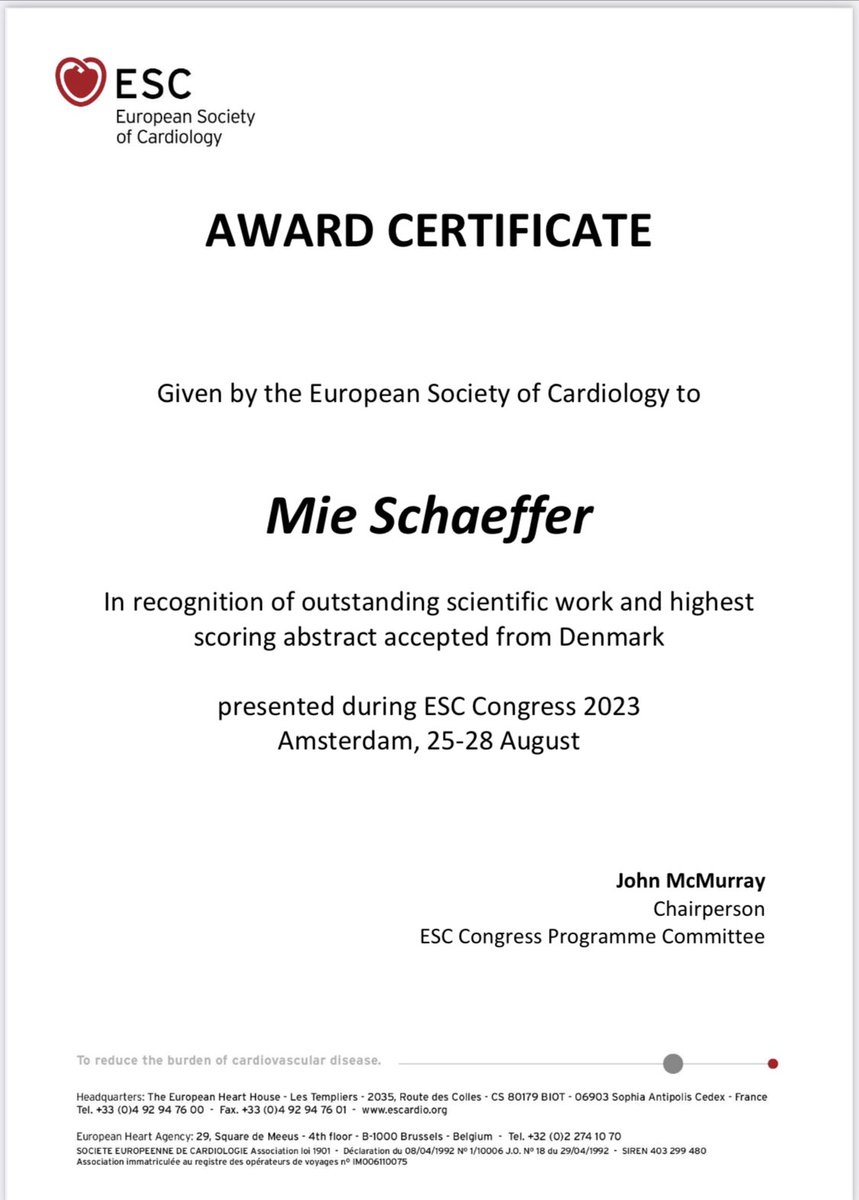 Proud to know that the ESC abstract by medical student Mie Schæffer was the best Danish abstract. 
Looking forward to further collaboration in the future. <a href="/CardResearchOuh/">Research Unit of Cardiology, OUH</a> <a href="/mieschaeffer/">Mie Schæffer</a> <a href="/SelmaHasific/">Selma Hasific</a>