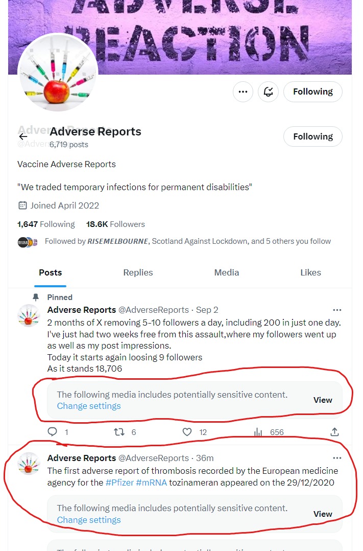 AdverseReports's tweet image. Because some of the vaccine injuries I have shared have been so grotesque, all my tweets are now hidden, even my profile page.
Unless your have display sensitive content on your settings you wont see my tweets.
Please quote tweet this post.