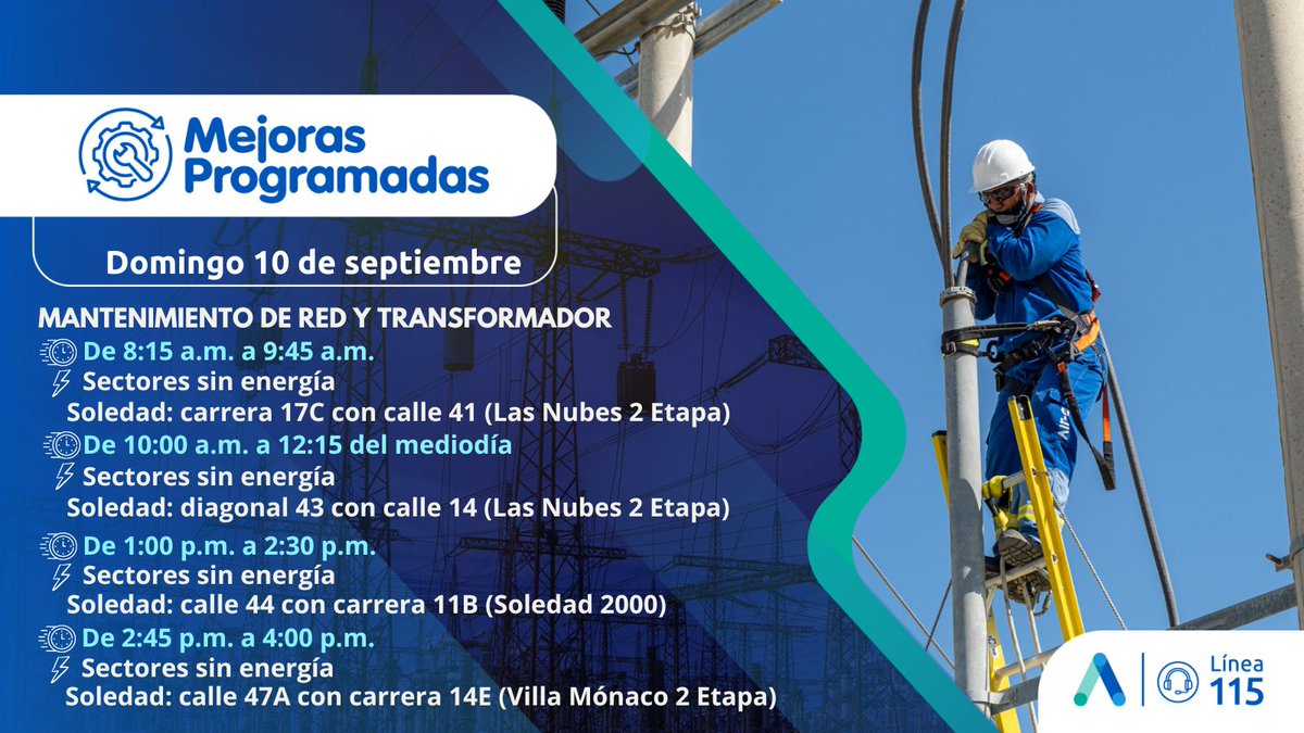 Aire_Energia's tweet photo. #MejorasProgramadas en #Atlántico🌀Realizaremos trabajos en la subestación Cordialidad para la puesta en operación de un nuevo transformador de potencia de 60 MVA, este domingo 10 de septiembre. Informamos otras labores en sectores de Soledad y Barranquilla⬇️ https://t.co/axYXloXxIz