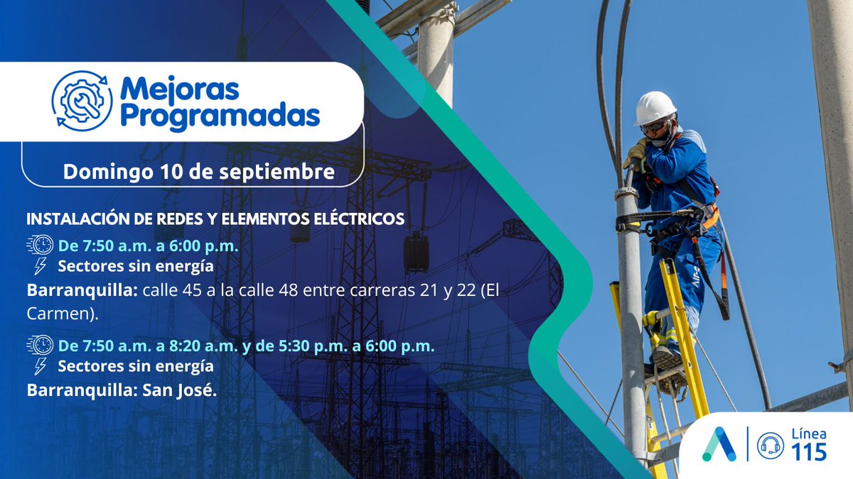 Aire_Energia's tweet photo. #MejorasProgramadas en #Atlántico🌀Realizaremos trabajos en la subestación Cordialidad para la puesta en operación de un nuevo transformador de potencia de 60 MVA, este domingo 10 de septiembre. Informamos otras labores en sectores de Soledad y Barranquilla⬇️ https://t.co/axYXloXxIz