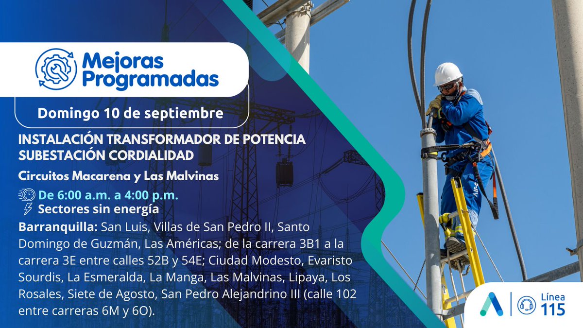 Aire_Energia's tweet photo. #MejorasProgramadas en #Atlántico🌀Realizaremos trabajos en la subestación Cordialidad para la puesta en operación de un nuevo transformador de potencia de 60 MVA, este domingo 10 de septiembre. Informamos otras labores en sectores de Soledad y Barranquilla⬇️ https://t.co/axYXloXxIz