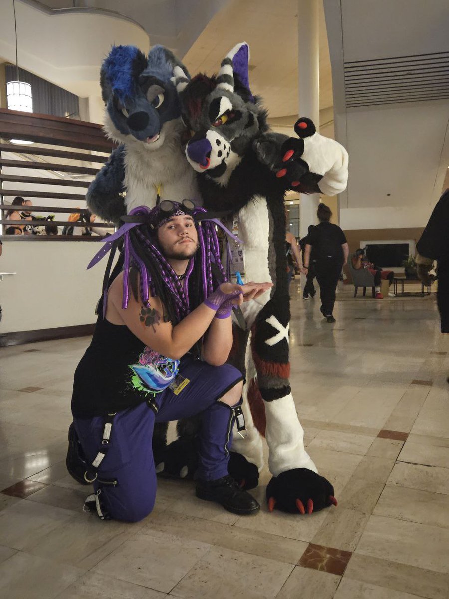 Me and <a href="/CoyotePanik/">Toasty</a> and <a href="/Vaalrein_Hyena/">⚡️Vaalrein ⚠️</a> at Furrydelphia this year.

Happy #FursuitFriday !

#furryfandom #Furrydelphia2023