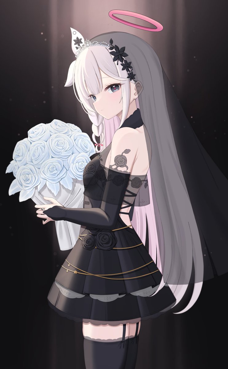 1girl veil solo thighhighs halo dress bouquet  illustration images