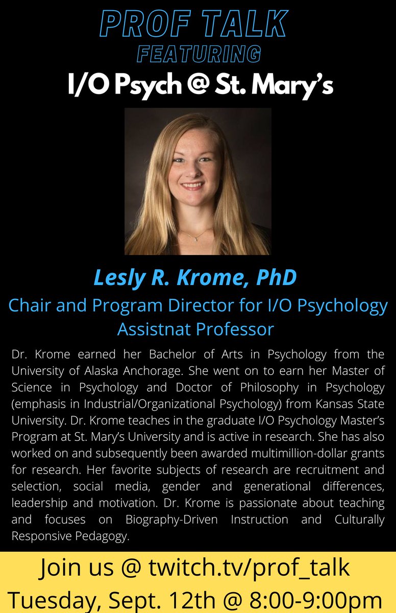 Prof_Talk_UTSA's tweet photo. PROF TALK IS BACK! @swanamama and @GROWTHLabUTSA will be back in action next week with Lesly Krome talking about  careers in Industrial/Organizational Psychology. Tune in at 8 pm CST next Tuesday at 8 PM CST! https://t.co/QDxomBJTxz https://t.co/soVVzs6yqI