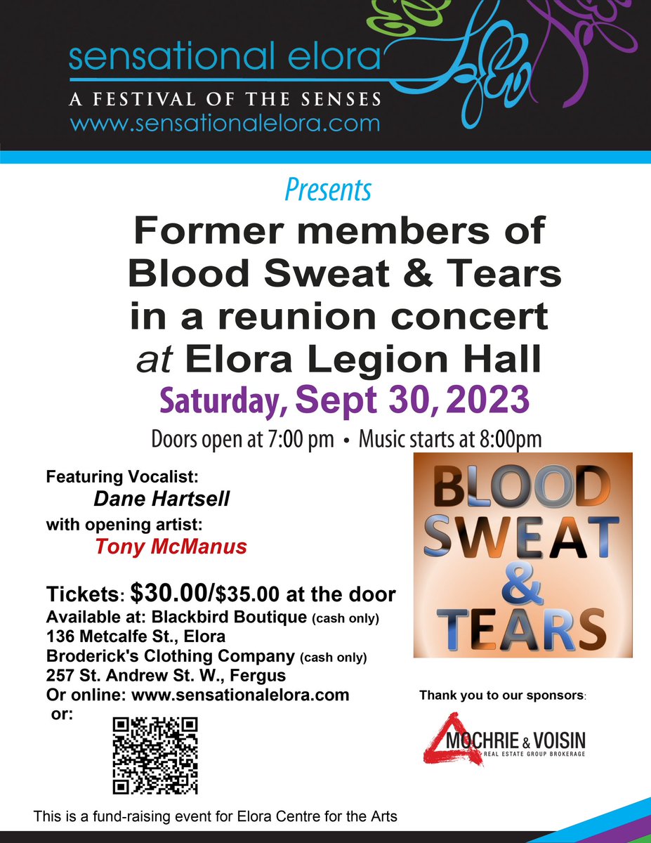 SensationalElor's tweet photo. 🎶 Save the Date🎶

Saturday Sept. 30 Former members of Blood Sweat &amp; Tears reunion concert at the Elora Legion 🎸 

Tickets available from our website https://t.co/HjnhxPZQZK or in person at @blackbirdelora in Elora and @brodericks_clothiers in Fergus (cash only) https://t.co/HVfpbRqlc7