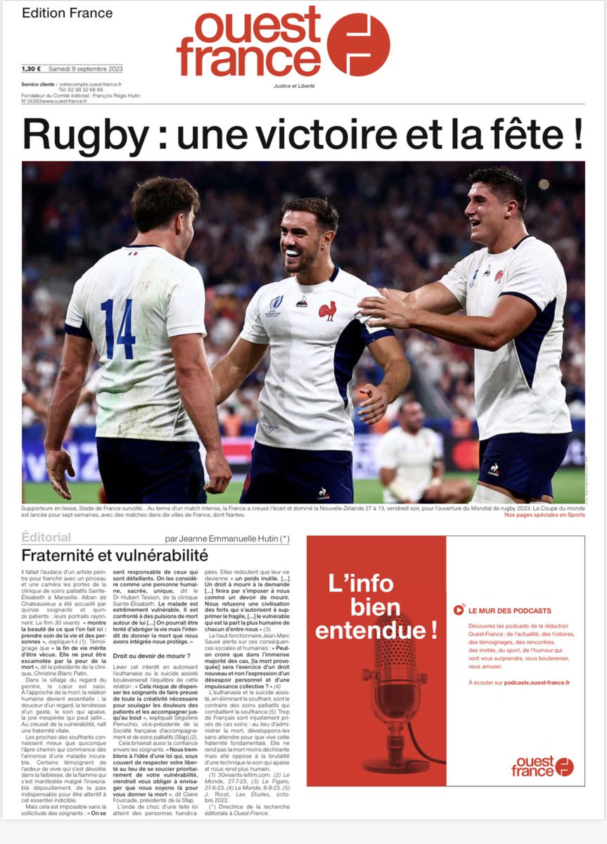 ereiscarona's tweet photo. La Une de @OuestFrance  salué la superbe victoire du #XV de France

(On n’a pas hésité @VSimonneaux avec l’équipe de Turquie espoirs 😄👍) https://t.co/EzxrUJG71N