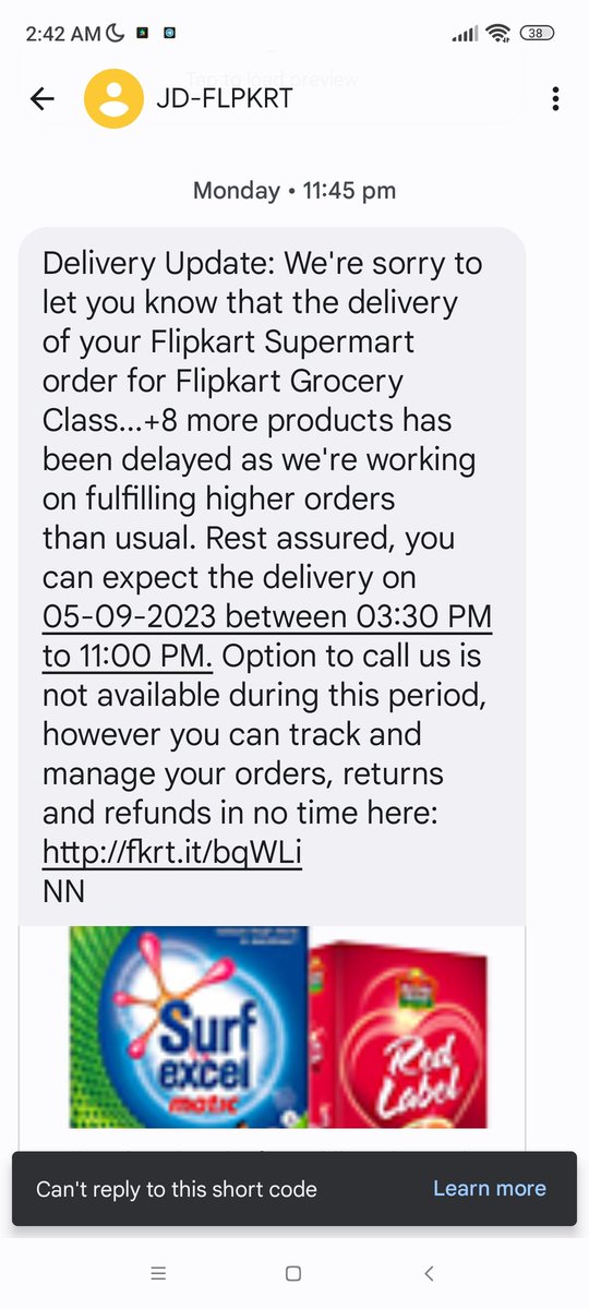 bala_4370's tweet photo. @flipkartsupport I placed grcry odr on 2nd with 4th as the dlvry dt. Still not dlvryd. Evry day I get a SMS that dlvry pushed 2 nxt day. Not able to cancel order. It's a week now. Complaint raised no use. Complaint no. IN23090708114381308007. Pls hlp. Odr no. OD429050620539305200 https://t.co/wpzxNvmeX1