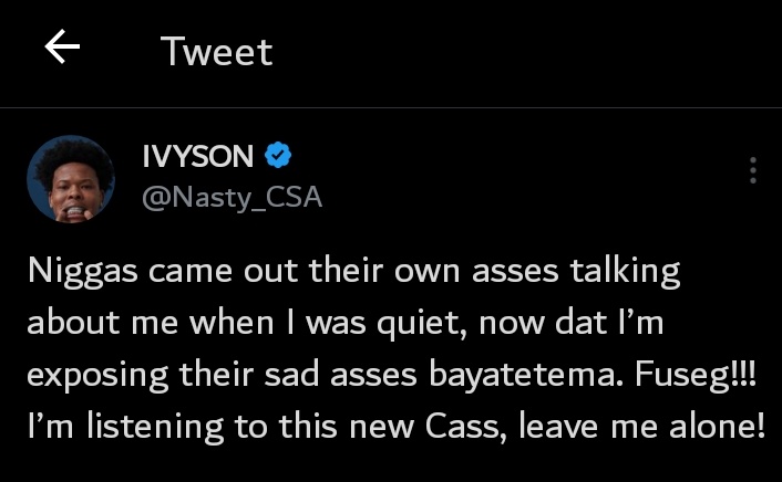 blackjacket_j's tweet photo. "Niggas came out their own asses talking about me when I was quiet, now dat Iβm exposing their sad asses bayatetema. Fuseg!!! Iβm listening to this new Cass, leave me alone!" by Nasty C
ππ§‘
@NastyC_Feed @TeamNyovest4
#018Video #ZeroOneEight https://t.co/yezxMYr0Qc