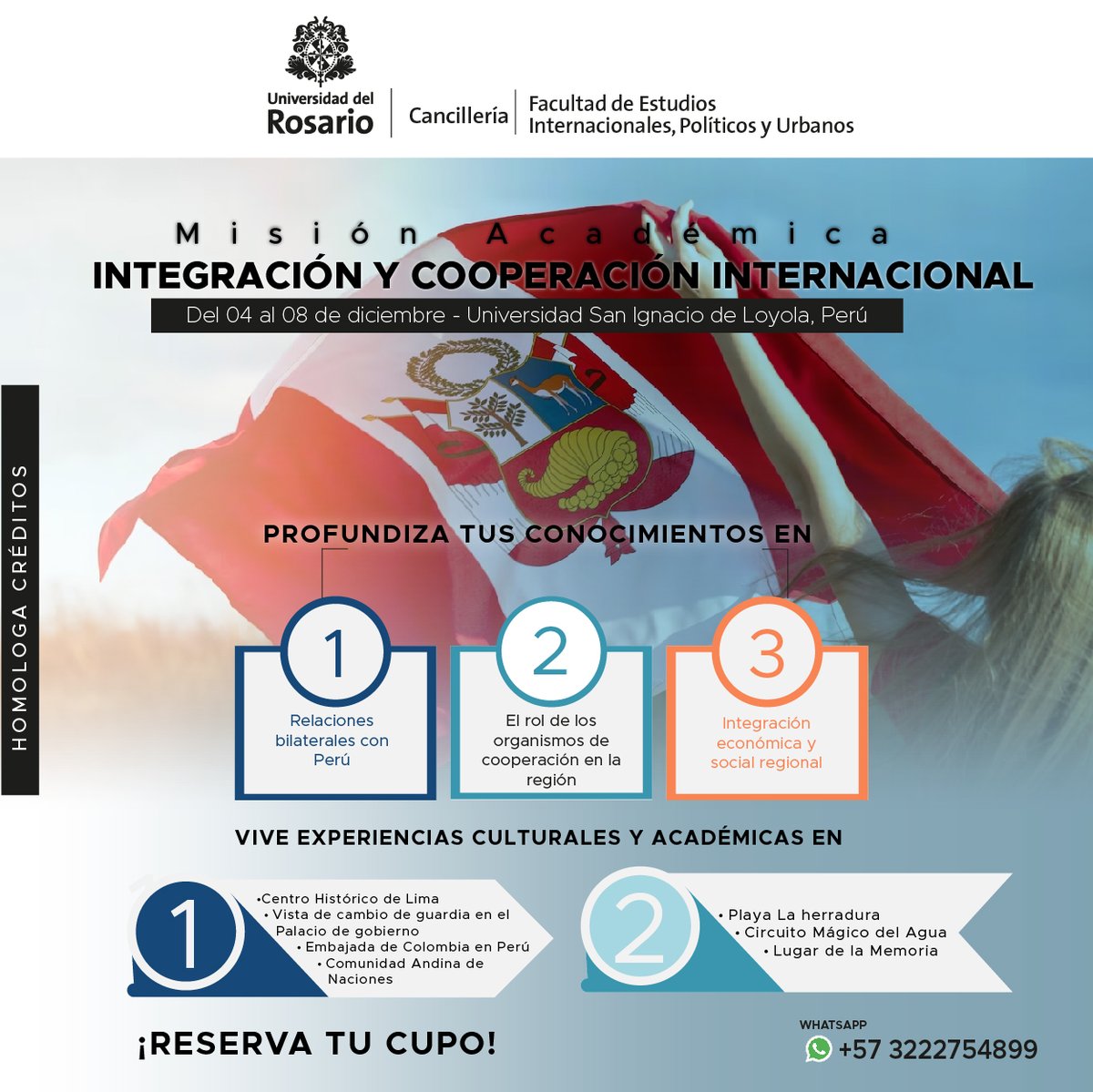 #SabíasQue si participas de la misión académica internacional Integración y Cooperación Regional – Perú y Colombia, podrás homologar hasta 3 créditos de tu malla académica ⁉️

No dejes pasar esta oportunidad 🤩
Inscríbete aquí ➡️ bit.ly/3YXA7nK