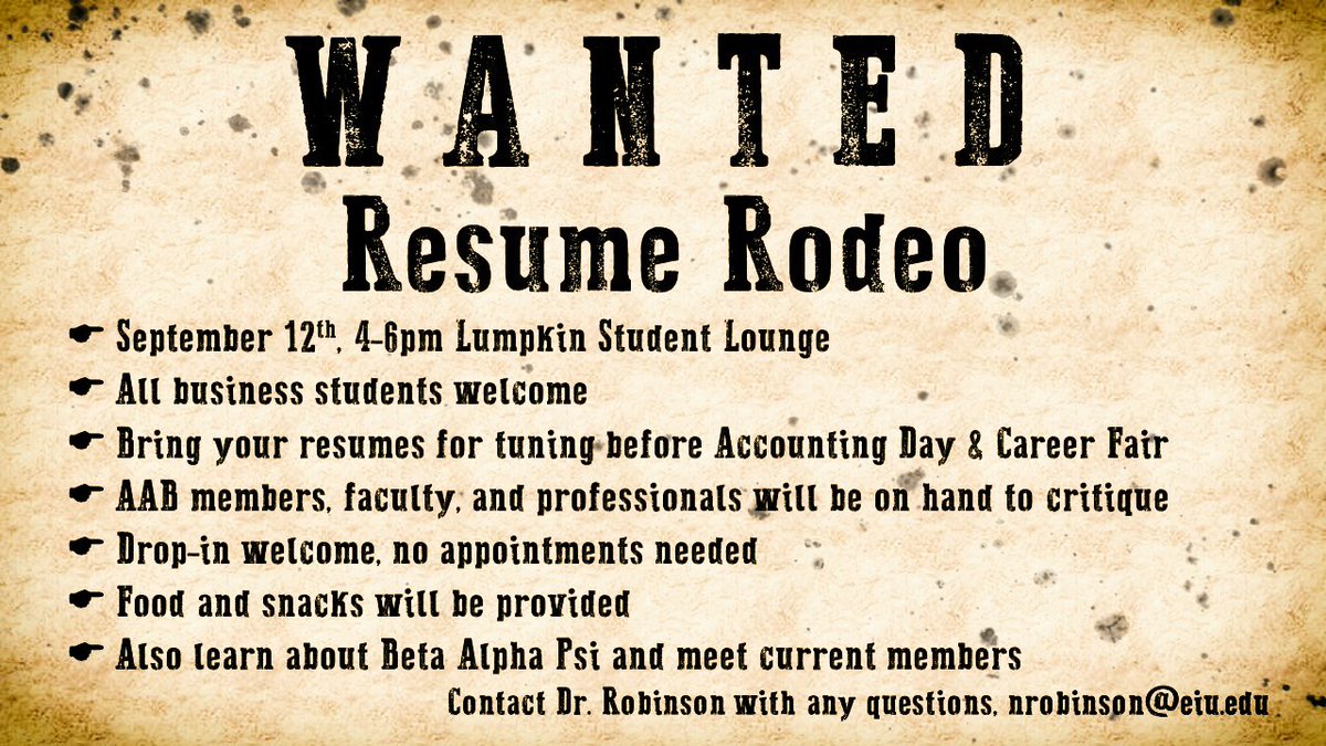Tuesday, 9/12 will be our next Resume Rodeo!

4-6pm in the Lumpkin student lounge, professionals will be on hand to review your resume.  Bring multiple copies for the most feedback

Oh yeah, there's PIZZA!🍕🍕🍕