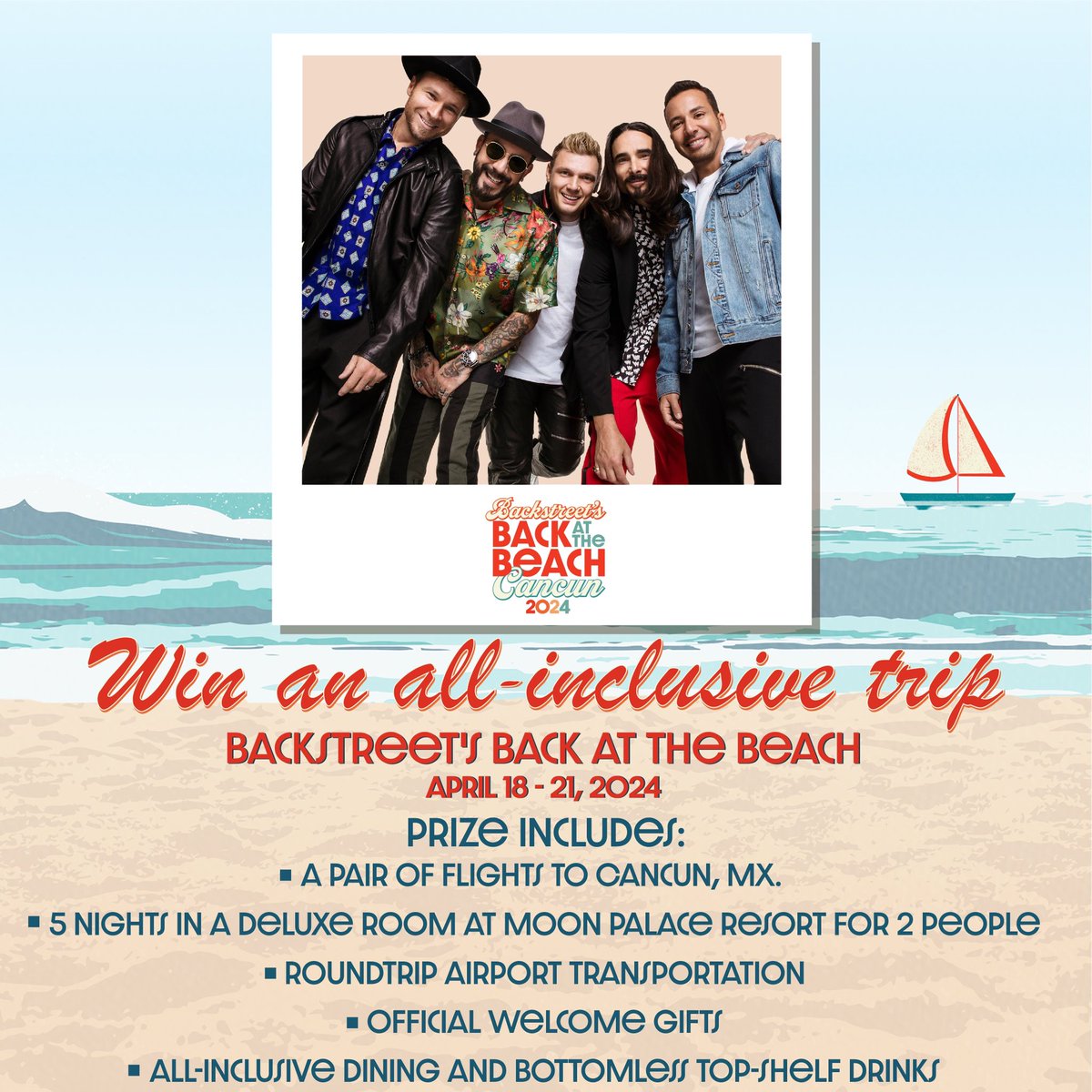 backstreetboys's tweet photo. We’ve teamed up with @bustle to send one winner and their guest to party with us in Cancun this spring! Here’s your chance to join us on the beach in April. Enter before 9/13: https://t.co/CYtKPNJGcX 😎✈️ #BSBAtTheBeach

No purchase necessary. Legal residents of the cont, 48 U.S (except NY/FL), DC, 21+. Void where prohibited.