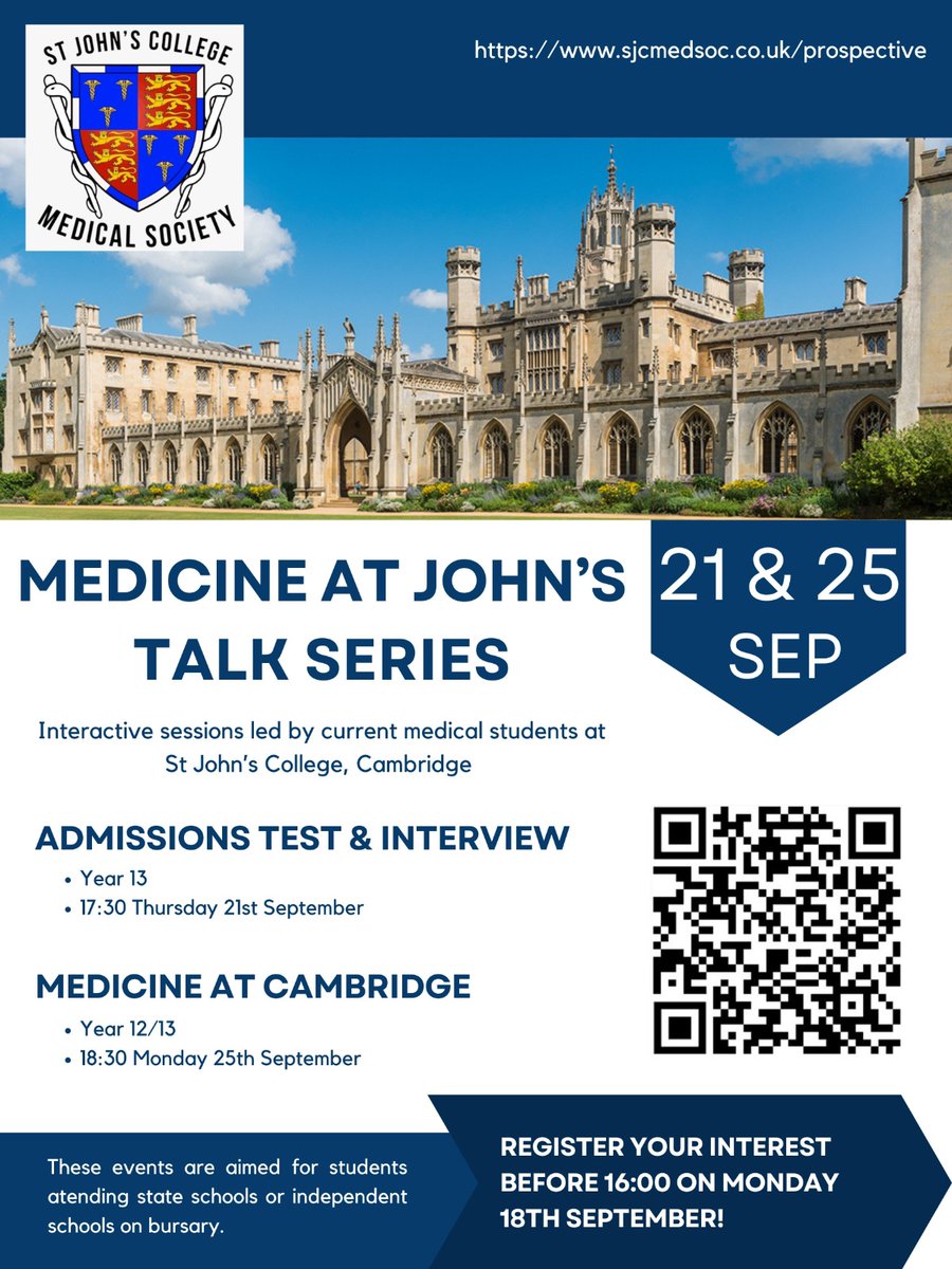 SJCMedSoc's tweet photo. St John's College's (Cambridge) Medical Society is running its inaugural Summer Series for prospective applicants - see the poster for details and share with anyone who might be interested. Register via the QR code or https://t.co/QT1kEGIjGD. https://t.co/eBlGeTjwWq