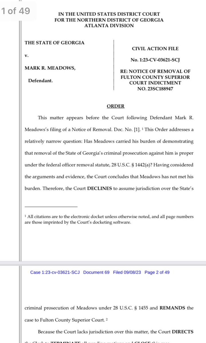 NEWS: Judge *rejects* Meadows’ bid to remove Fulton County criminal case to federal court. Details TK
