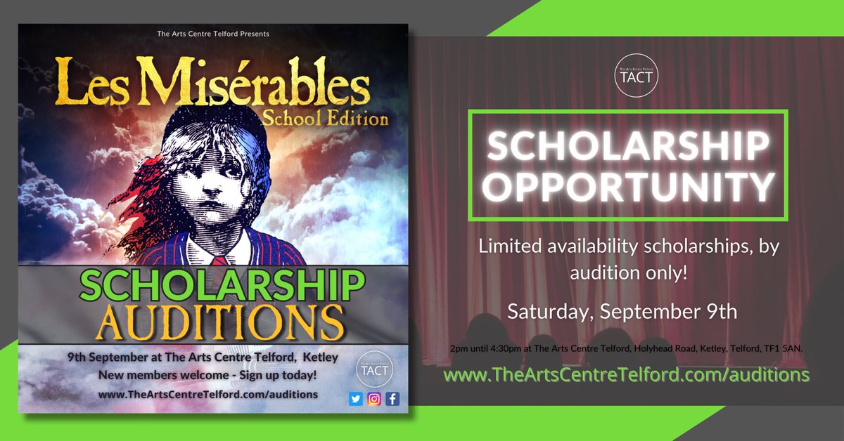 ⭐️LIMITED AVAILABILITY SCHOLARSHIPS - BY AUDITION ONLY!

AUDITION TO TAKE PART IN LES MISERABLES IN TELFORD FOR A REDUCED FEE! 

<a href="/IdsallSchool/">Official News</a> <a href="/HLC_Secondary/">HLC</a> <a href="/BurtonBorough/">BBS</a> <a href="/HabAbrahamDarby/">Haberdashers' Abraham Darby</a> <a href="/MadeleyAcademy/">Madeley Academy</a> <a href="/LoveWellington1/">Love Wellington</a> #telfordschools  

💻SIGN UP NOW: TheArtsCentreTelford.com/auditions