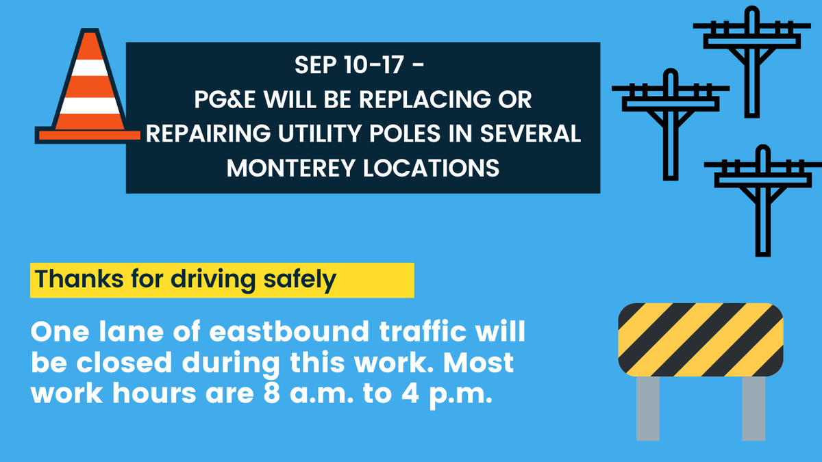 CityofMonterey's tweet photo. PG&amp;E utility pole work starting in #Monterey 9/10, includes lane closure: Sun 10- Del Monte AM only
Mon 11-Figueroa/Franklin Ln. and Palo Verde Ave.
Tues 12-Del Monte
Wed 13-Del Monte
Thu 14-Munras
Fri15-Figueroa/Pearl &amp; Figueroa/Franklin 
Sat 16-Munras.
Sun 17-Del Monte AM only https://t.co/58FQUapSdG