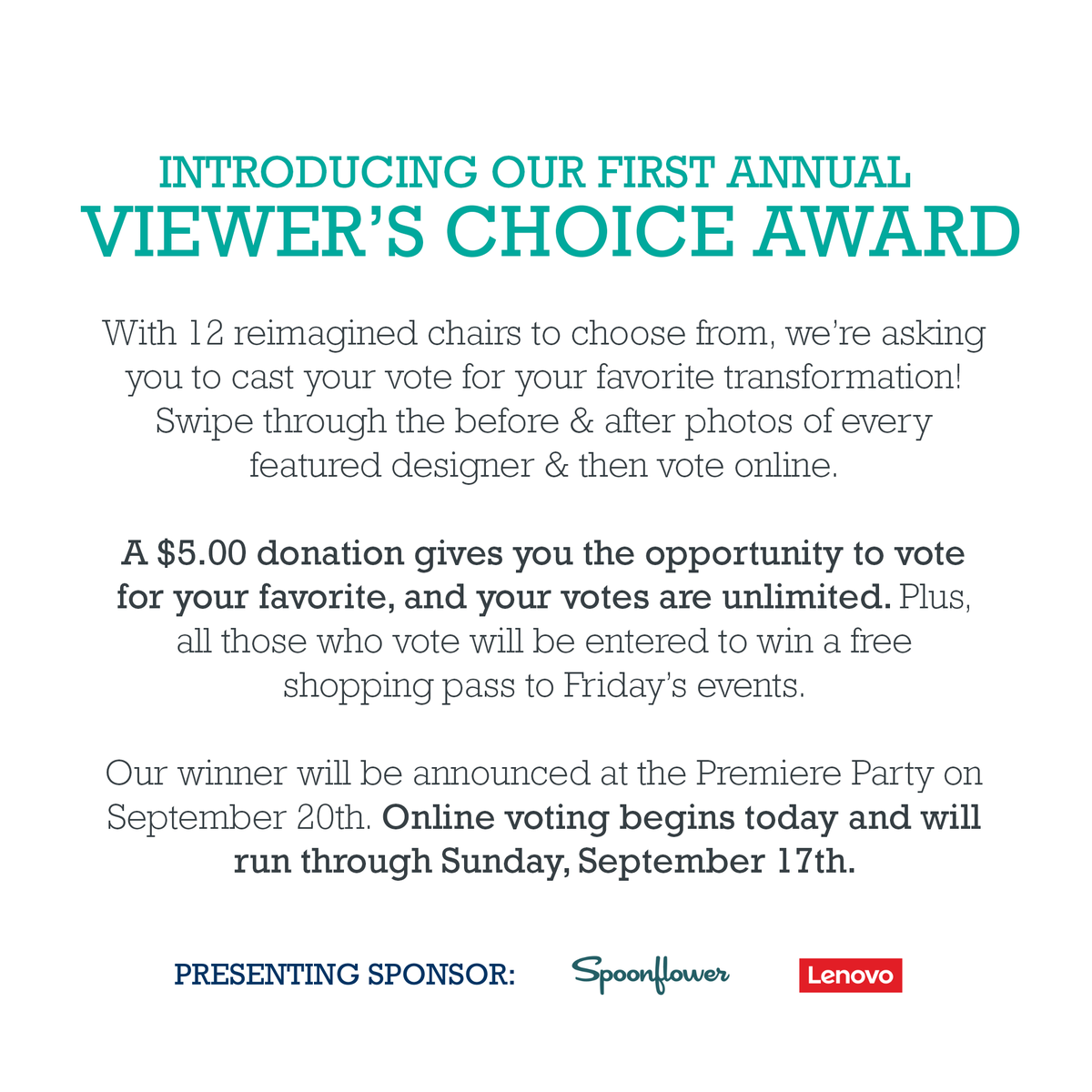 We're excited to announce our first-ever #ChairityForGreenChair Viewer's Choice Award!

Through 9.17, you can vote for your favorite chair transformation. For every $5 donation you make, you can cast one vote for your favorite designer. 💚 

VOTE HERE: bit.ly/3sRxRCd