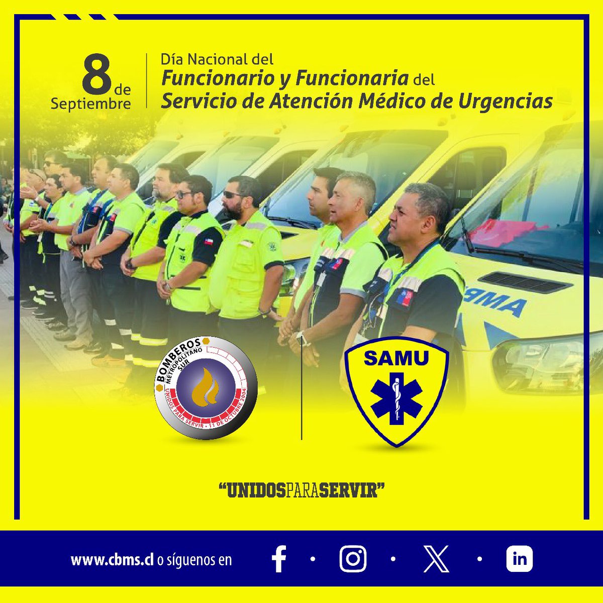 Bomberos_MetSur's tweet photo. #SuperintendenteCBMS #ComandanteCBMS y todos nuestros 👨🏽🚒👩🏼🚒 saludan en su día a las funcionarias y funcionarios @Samumetropolita y de todo el país 🇨🇱
Su arduo labor realza el compromiso con la ciudadanía en apoyo de nuestras diarias tareas de rescate #ABCdelaEmergencia 🚒🚑👏 https://t.co/bwWafiZAfK