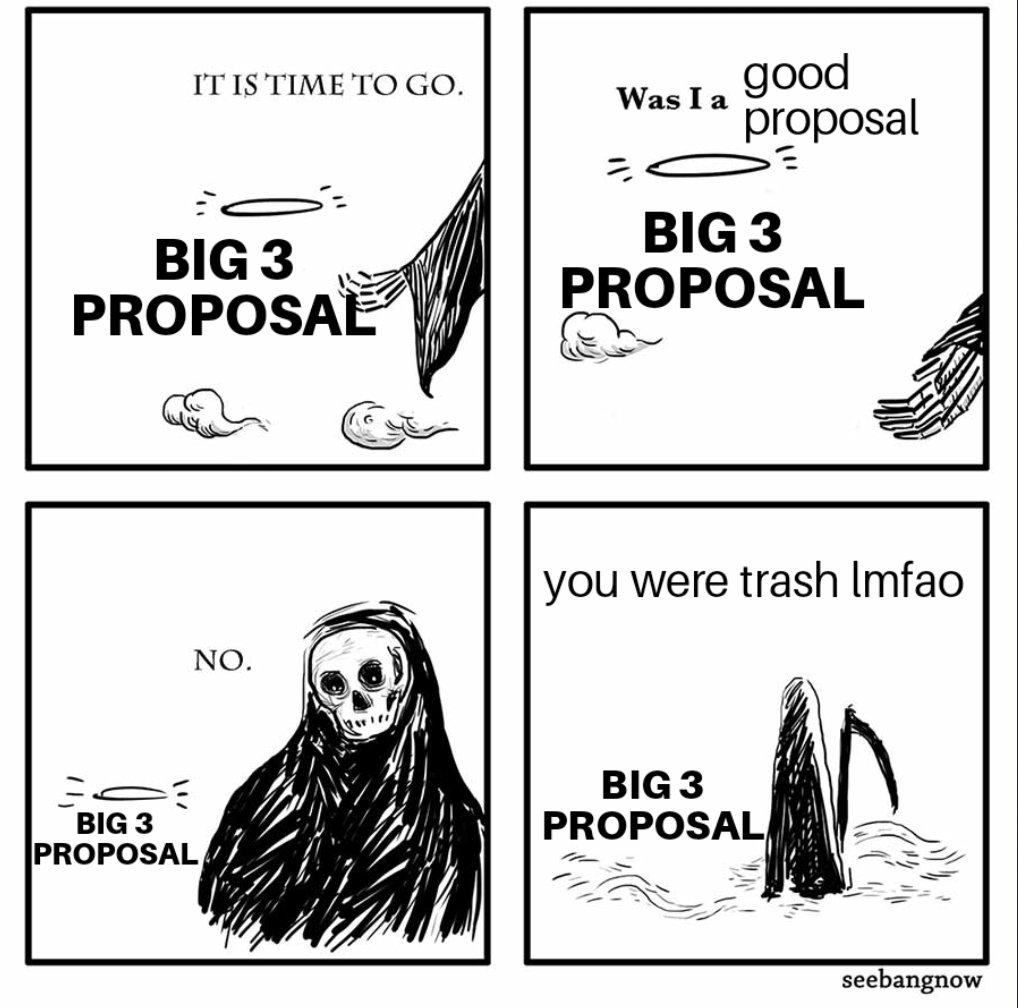 4 panel comic at pearly gates in heaven with Death and Big 3 Proposal.
Panel 1: Death: it is time to go
Panel 2: Big 3 Proposal: was I a good proposal?
Panel 3: Death: No
Panel 4: Death: you were trash lmfao