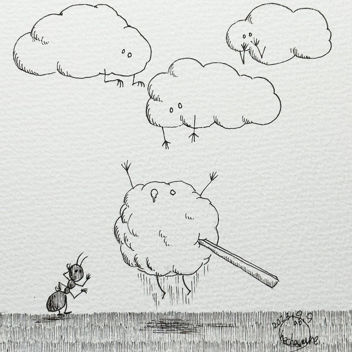 「どうしても雲になりたいんだ…！」

わたあめは一生懸命とびはねます。

#ペン画 #絵 #イラスト 
#へちゃむくれな絵