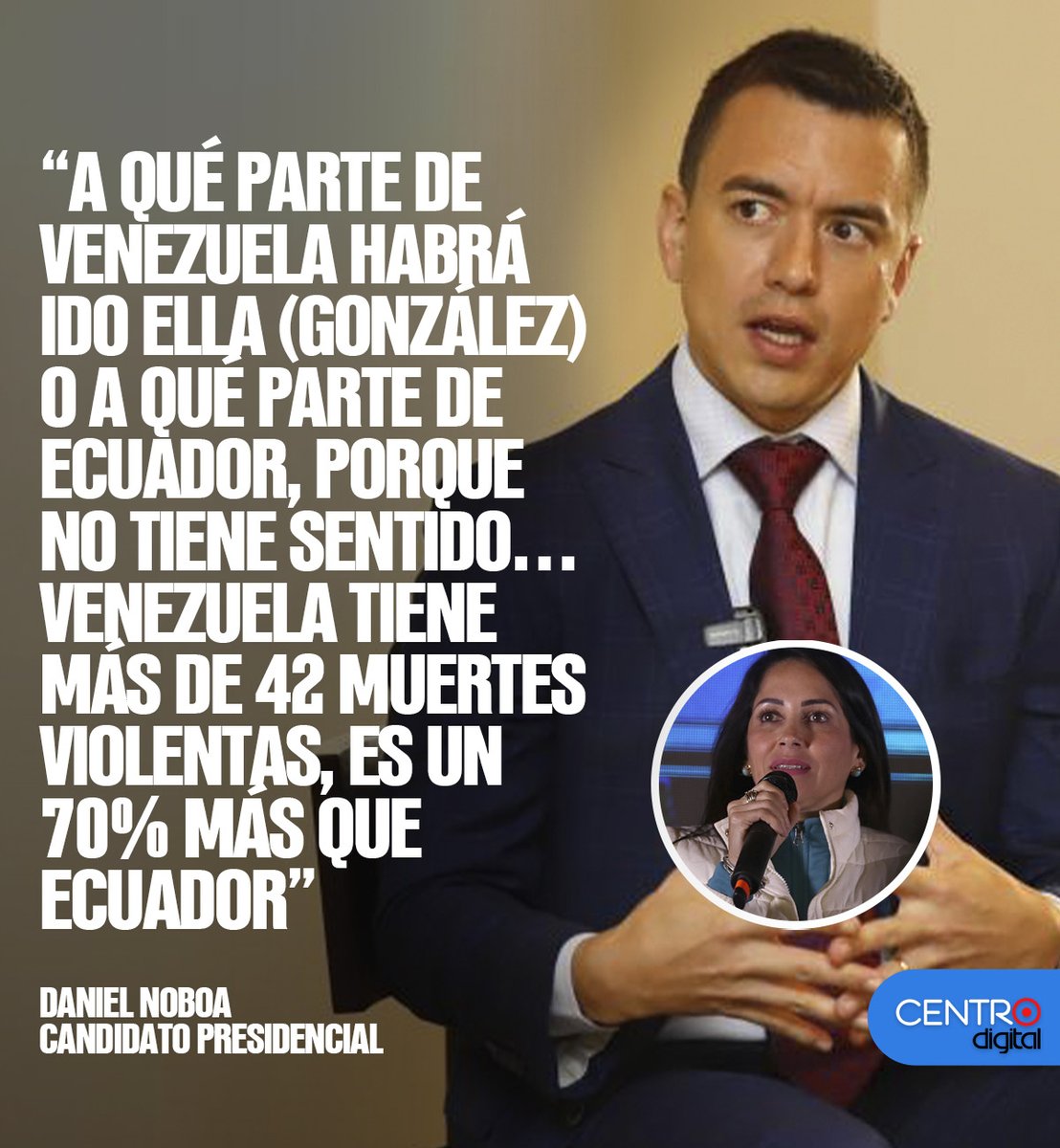 radiocentroec's tweet photo. #ATENCIÓN 🗣️El candidato presidencial, Daniel Noboa, recalcó con datos estadísticos, que los índices de inseguridad en Venezuela superan las 44 muertes por cada 100 mil habitantes, mientras que en Ecuador se ubica en 22 muertes.

Esto tras las declaraciones de la candidata por la Revolución Ciudadana, Luisa González, en las que afirmaba que Venezuela tiene mejores condiciones que Ecuador.

Noboa, rechazo está idea y recordó la grave crisis que se vive en el país caribeño.