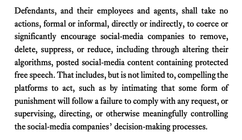 BREAKING: The Fifth Circuit, in an unsigned opinion, upholds aspects of the injunction against the Biden administration relating to social media companies. It ultimately narrows the injunction to one provision, which it alters to the following: storage.courtlistener.com/recap/gov.usco…