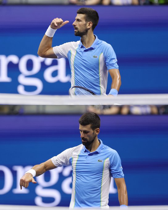 Image: Novak Djokovic doing the call me sign.