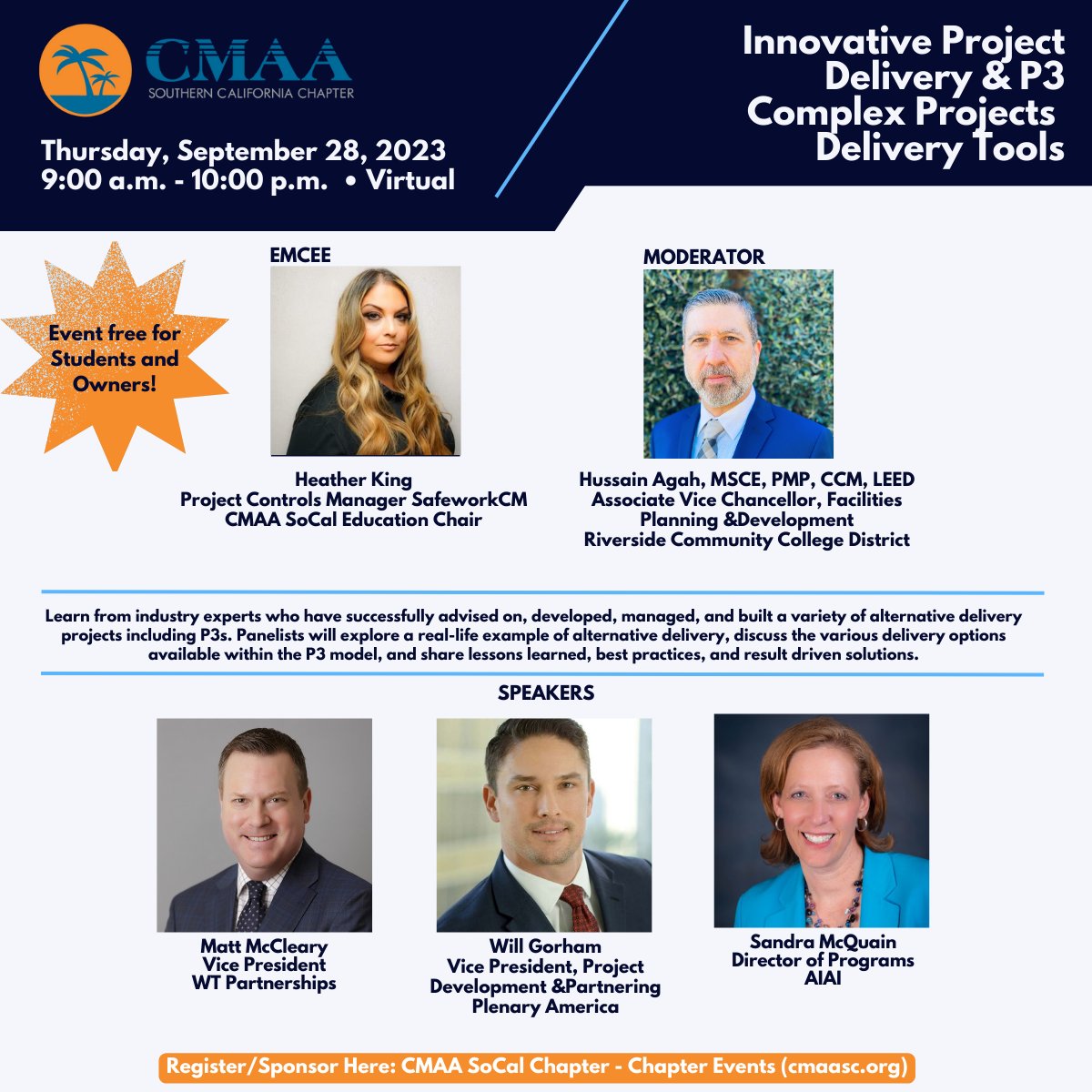 Please join CMAA Southern California Chapter for a webinar where panelists will explore a real-life example of alternative delivery, discuss the various delivery options available within the P3 model. Register/sponsor: cmaasc.org/event-5412922/…