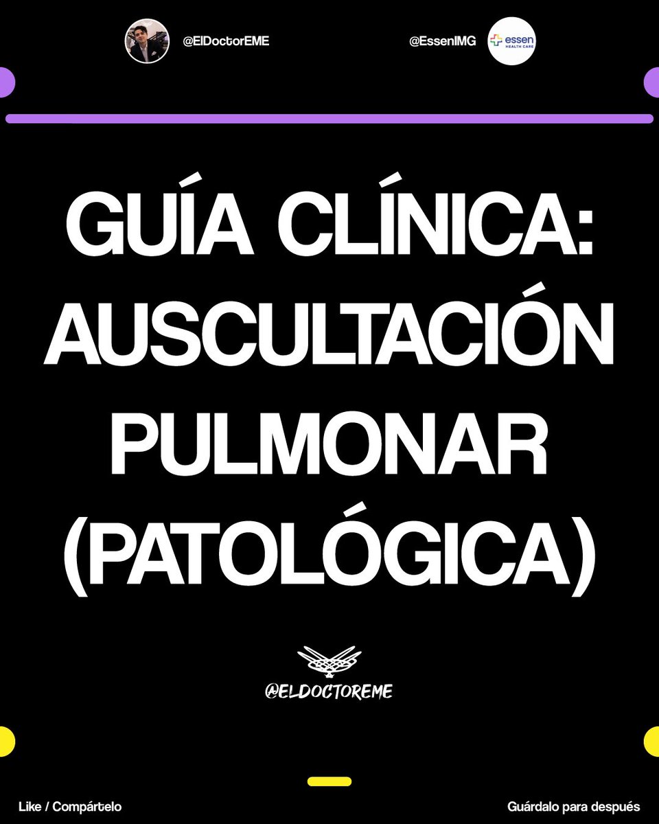 eldoctoreme's tweet photo. 👨🏻‍⚕️GUÍA CLÍNICA: AUSCULTACIÓN PATOLÓGICA👨🏻‍⚕️
🔊AUDIOS🔊
📌Hilo con:📌

•Sibilancias
•Crépitos
•Roncus, etc
•Resúmenes

Si te interesa trabajar en USA como médico o estudiante, regístrate en: https://t.co/kPnef4LBm5 o en el enlace que encontrarás en mi historia.

#ENARM #MIR https://t.co/fIQ5aXmJes