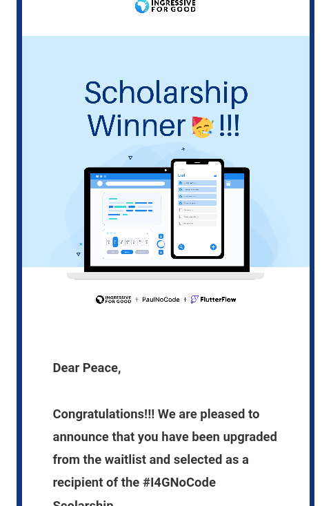 awelepeace_'s tweet photo. "I just won the #I4GNoCode Scholarship. I'll be embarking on a journey to learn and build a career in tech with @ingressive4Good @paul_okoduwa and @flutterflow.io https://t.co/nWhrmu7vL8