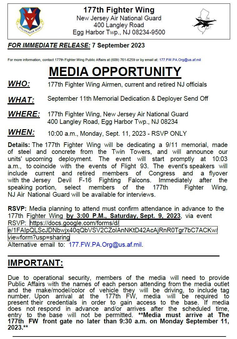 177th Fighter Wing-September 11 Dedication and Deployer Send Off-Media Advisory