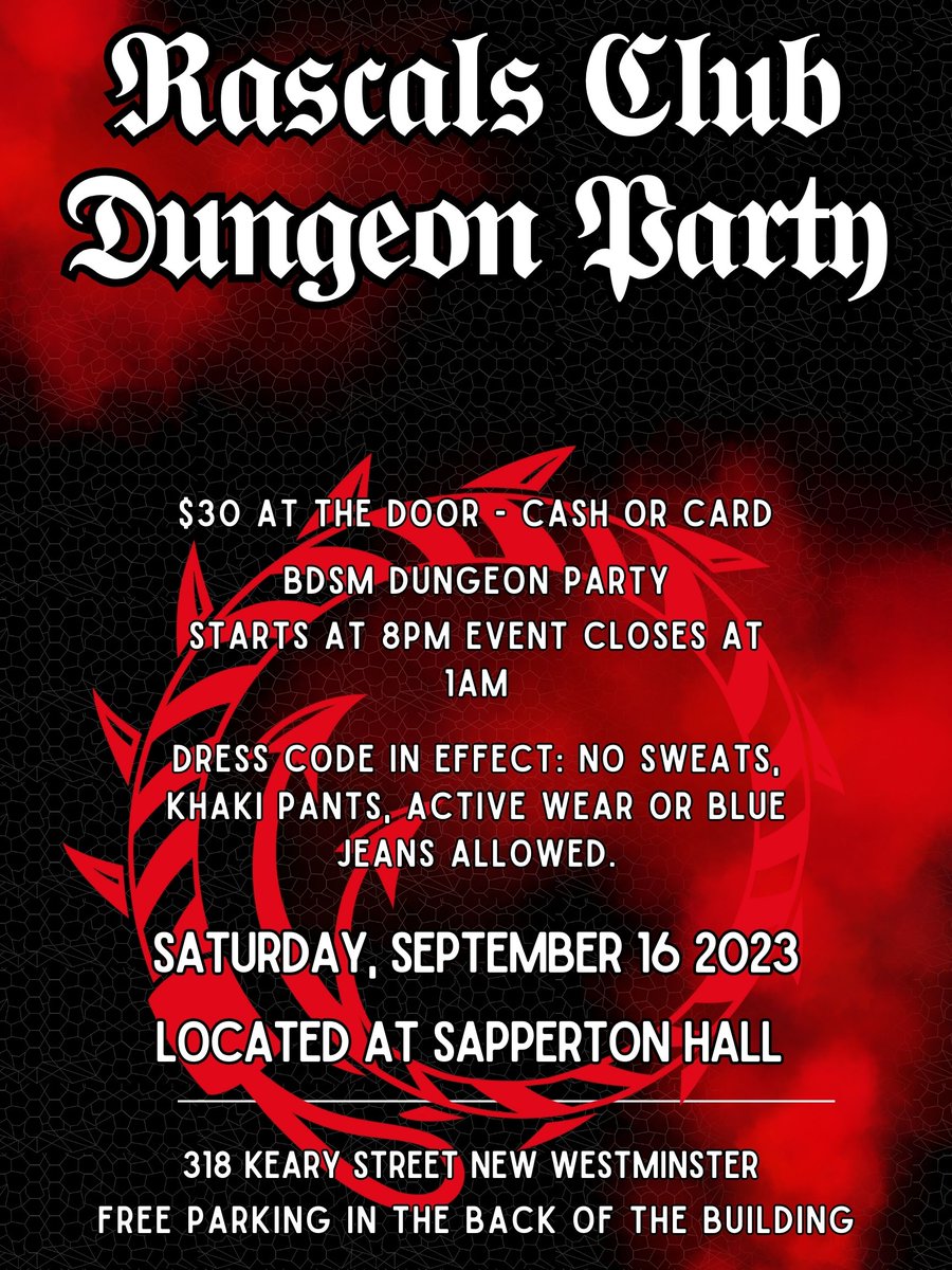 RascalsClub's tweet photo. Upcoming Party next Saturday! First one back from summer and cannot wait to show you the new pieces of furniture. Reminder this is the first party under the new admission fee.
Fetlife event RSVP: https://t.co/G15BcfBRT5
Facebook event RSVP: https://t.co/FPSUqE76Du https://t.co/0im33mOJqx