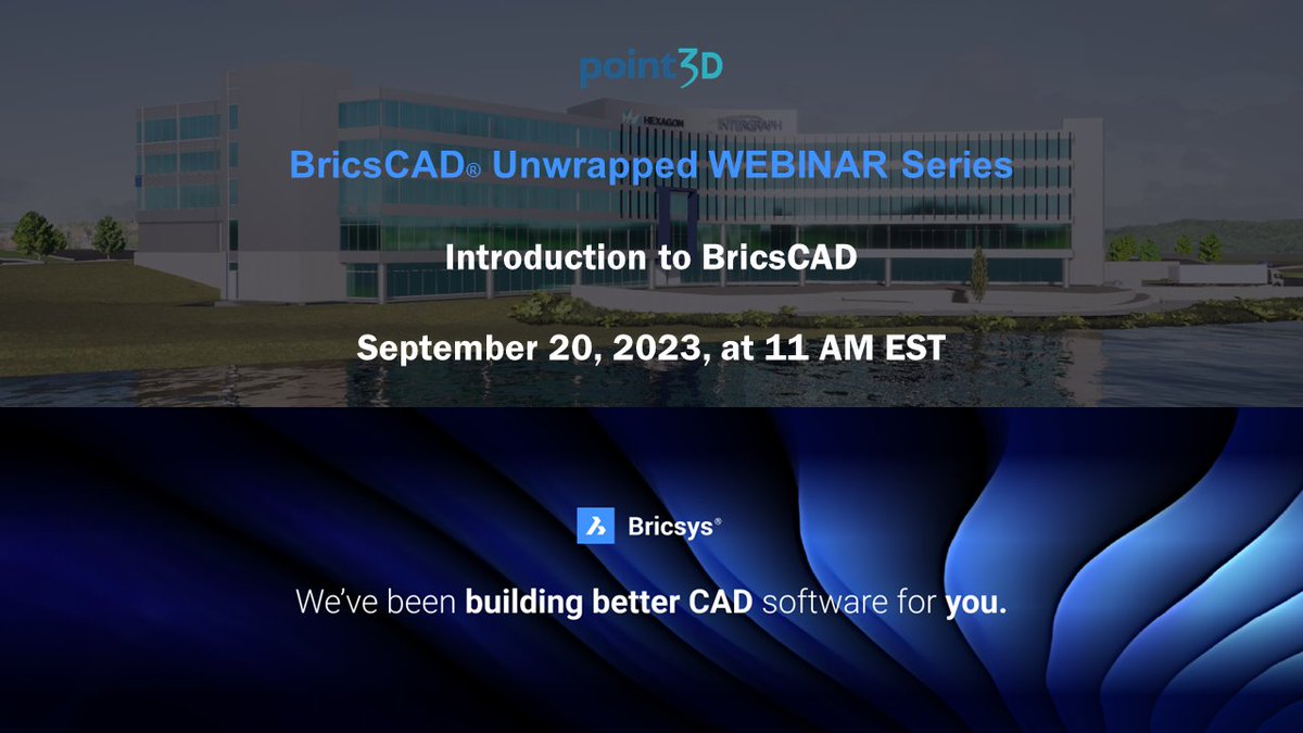 Don't miss this webinar! 
September 20, 2023, at 11 a.m. EST 

<a href="/BricsCAD/">Bricscad</a>, a dynamic and powerful CAD platform designed to streamline your 2D #drafting, #3dmodeling, #bim, and #mechanicaldesign workflows.

Register Here: lnkd.in/gx5xctpm

#point3D #webinar #bricscad
