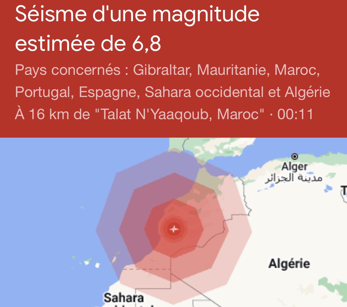 Gros tremblement de terre (magnitude 6,8) actuellement au Maroc.
