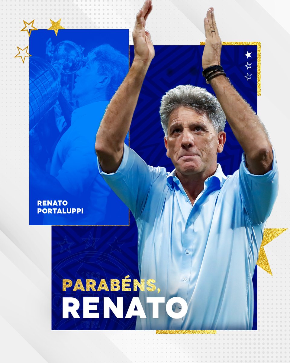 Mês de aniversário do Tricolor e de Renato Portaluppi! Hoje, ele celebra uma vida de glórias dentro e fora do campo – muitas com nossas cores! Do Mundial em campo à Libertadores na casamata, da Calçada da Fama à estátua. Multicampeão! Hoje técnico, para sempre ídolo. Parabéns! 👏🏾