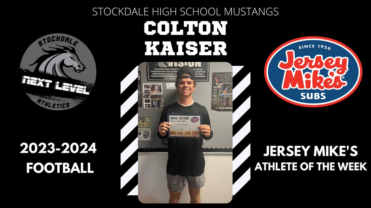 Stockdale Football player, Colton Kaiser, is the Jersey Mike's Player of the Week.    Colton has thrown 8 TD passes over the last three games.

Keep it up Colton!!

<a href="/jerseymikes/">Jersey Mike's Subs</a> #AStudentAbove