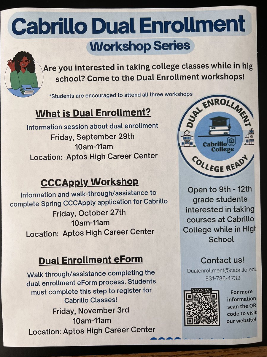 Aptos High School students who would like information on Cabrillo’s Dual Enrollment please join on Friday, September 29th at the AHS Career Center from 10-11am! <a href="/AptosHigh/">Aptos High School</a> <a href="/AptosAthletics/">Aptos Athletics</a> <a href="/PajaroValleyUSD/">Pajaro Valley Unified School District</a>