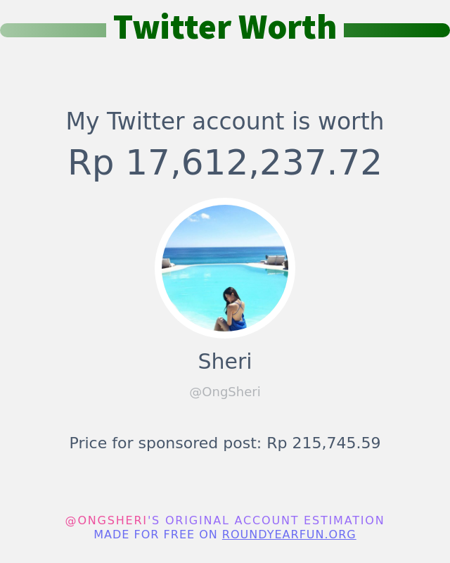 OngSheri's tweet photo. Nilai Twitter Saya adalah: Rp 17,612,237.72

➡️ https://t.co/GOyTXKpd4q https://t.co/sBE8Cfs23L