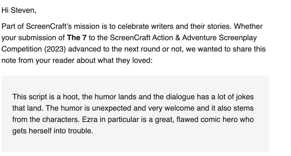 ReveSteve's tweet photo. Thank you @screencrafting for the reminder I'm hilarious.

Action &amp; Adventure Screenplay Semi-Finals Achieved ✅

#WritingCommunity #screenwriting #fantasywriting https://t.co/ovnXNsK1lj