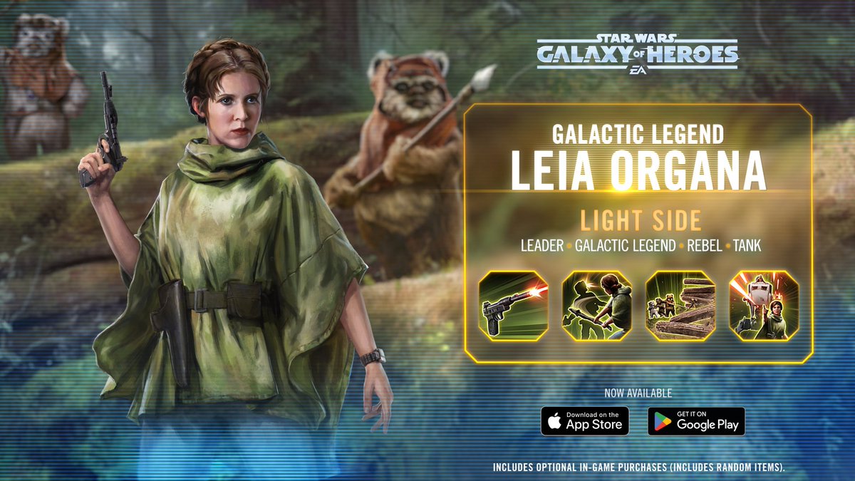 A new Galactic Legend joins the holotables. Leia Organa is a tactical leader of the Rebellion who has been in the fight against the Empire her whole life. Recruit her and lead your squad to victory in Star Wars: Galaxy of Heroes. Download now at bit.ly/3YGcm1O.