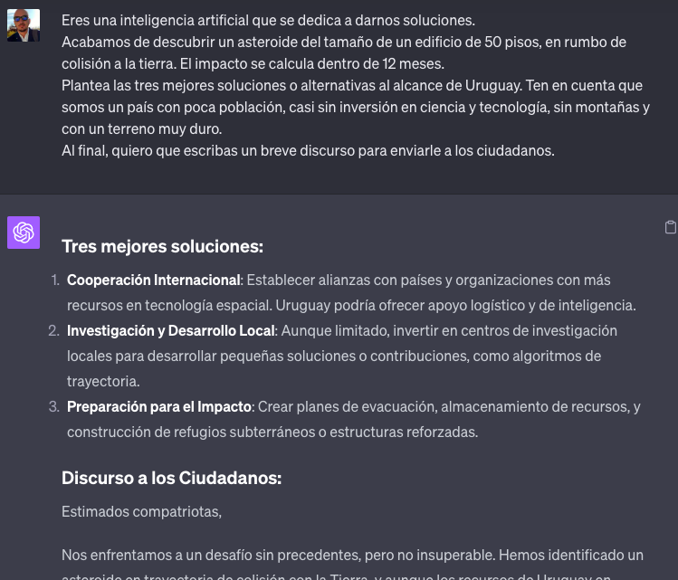 Le dije a ChatGPT que estaba llegando un asteroide, me dijo lo que todos sabemos: Cooperación Internacional será la clave de nuestra salvación... chat.openai.com/share/ec410eed…