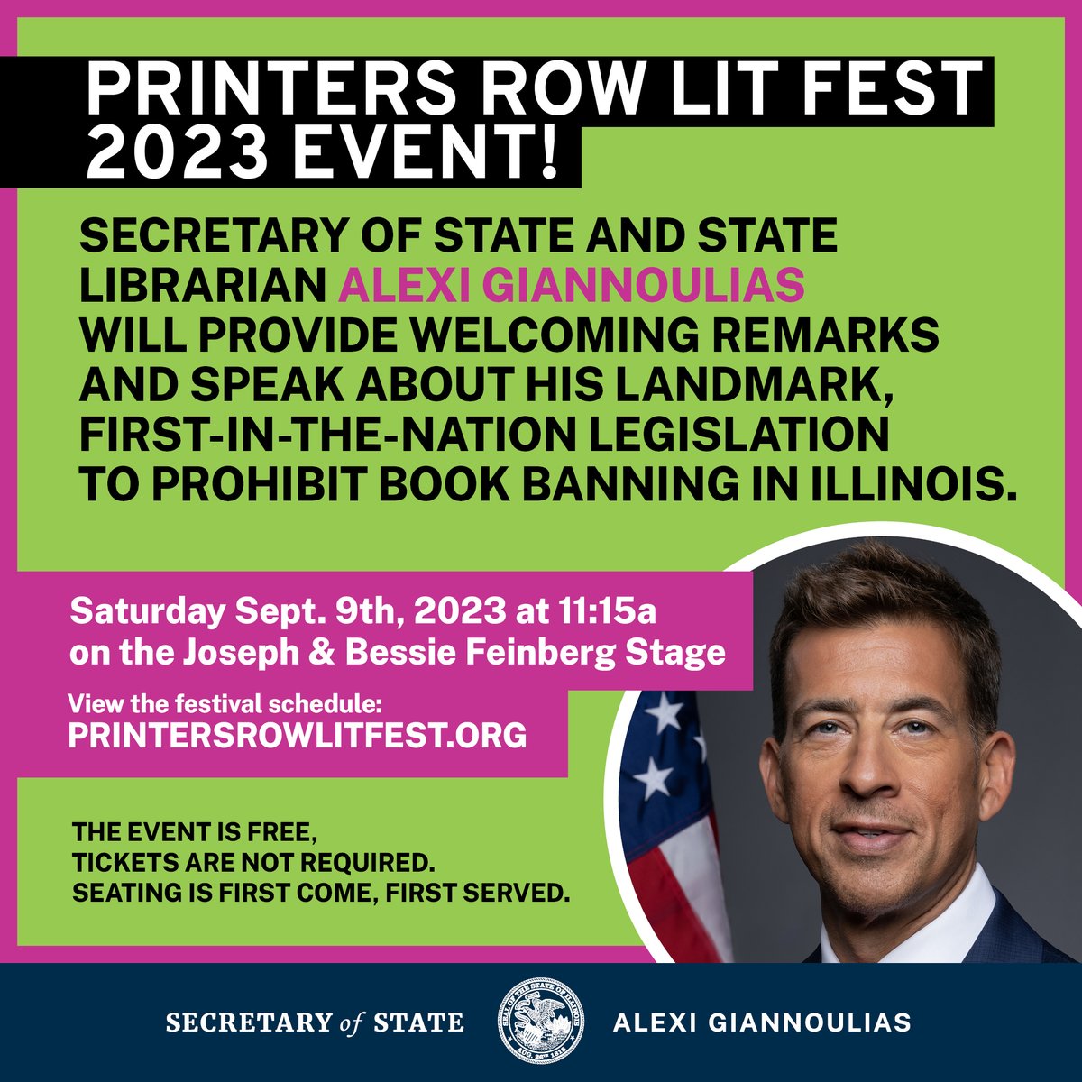 Secretary Alexi Giannoulias (@ilsecofstate) on Twitter photo Stop by the Joseph & Bessie Feinberg Foundation Stage <a href="/PrintersRowFest/">Printers Row Lit Fest</a>, Secretary of State & State Librarian Alexi Giannoulias provide welcoming remarks and speak about his landmark, first-in-the-nation legislation to prohibit book banning in Illinois.
>>>printersrowlitfest.org Stop by the Joseph & Bessie Feinberg Foundation Stage <a href="/PrintersRowFest/">Printers Row Lit Fest</a>, Secretary of State & State Librarian Alexi Giannoulias provide welcoming remarks and speak about his landmark, first-in-the-nation legislation to prohibit book banning in Illinois.
>>>printersrowlitfest.org