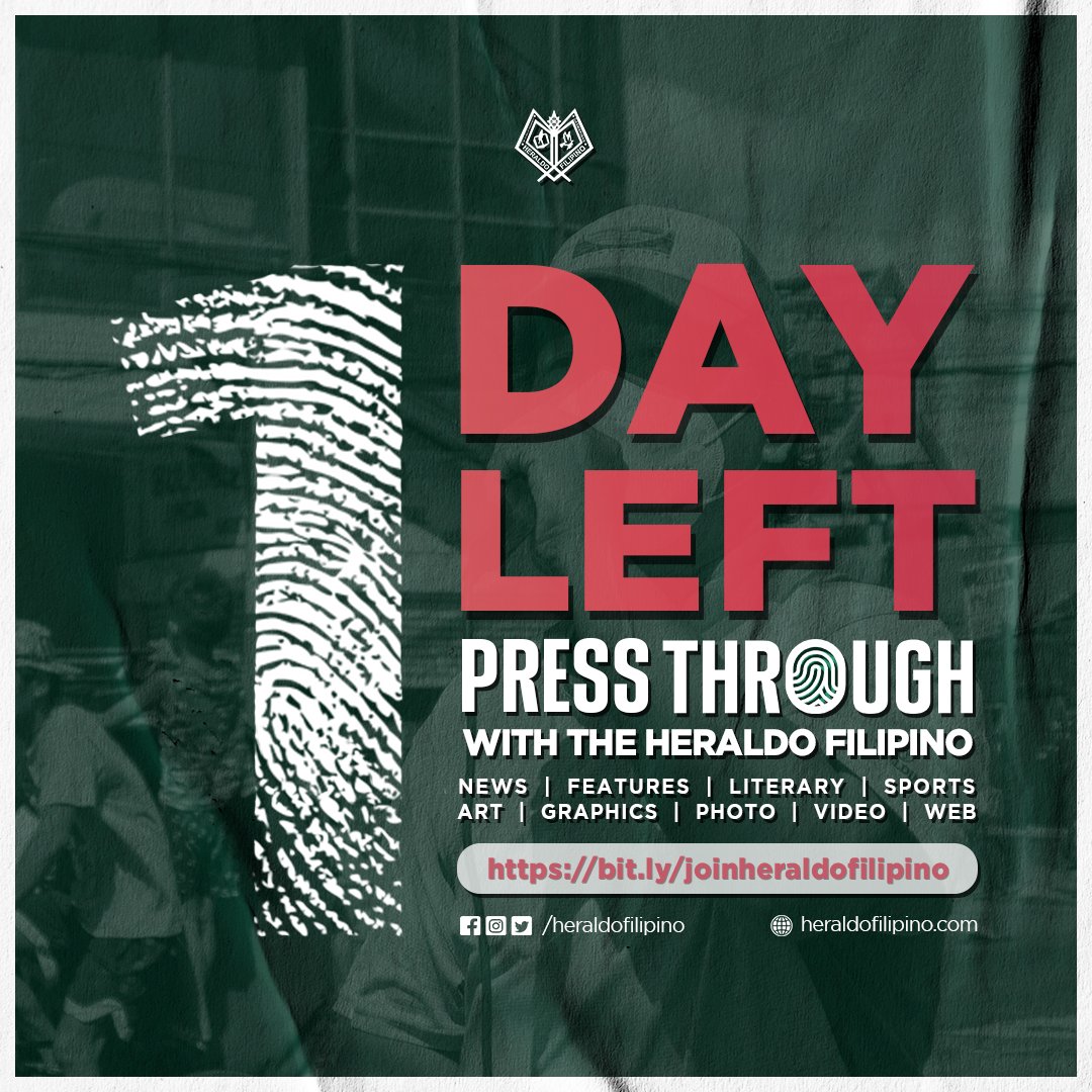 heraldofilipino's tweet photo. 1 DAY LEFT!
The HERALDO FILIPINO, the official student publication of De La Salle University-Dasmariñas, is still accepting applications for the following sections: News, Features, Sports, Literary, Graphics, Art, Photo, Video, and Web.
#PressThrough with The HERALDO FILIPINO. https://t.co/KFQloA5uFn