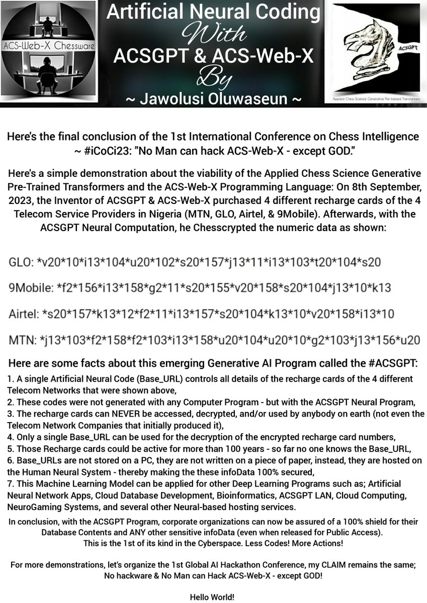 jawolusy's tweet image. Hello World,
I've just developed my 1st Neural Application today with my ACSGPT Ai-Cloudware & with my ACS-Web-X Programming Language.
Machine Learning Model with ACSGPT: Less Codes! More Actions!
Artificial Neural Coding By Jawolusi Oluwaseun.
#NeuralCoding #ACSGPT #AI
