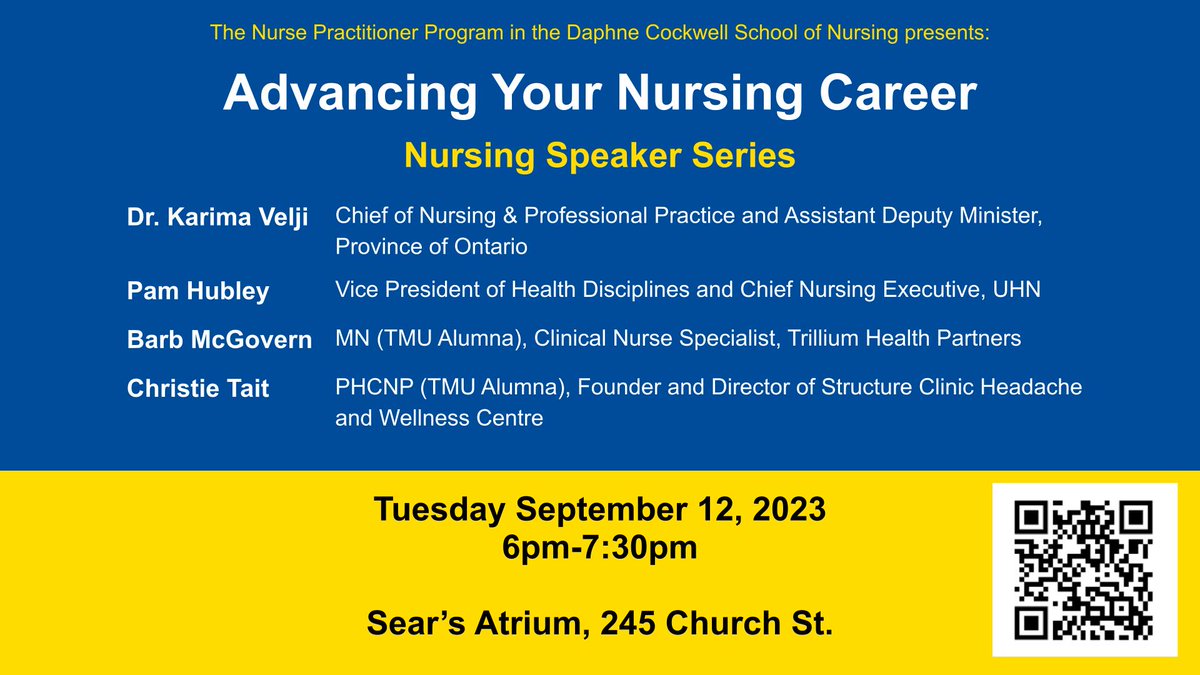 Daphne Cockwell School of Nursing (@nursingtmu) on Twitter photo Come join us as we launch our first Nursing Speaker Series of the semester with this very impressive lineup of nursing leaders.
Free Registration and RSVP here
forms.gle/7n1gykHQ1c1hax…
<a href="/KarimaVelji/">Karima Velji</a> <a href="/Pamhubley/">Pam Hubley</a> <a href="/prof_melmasri/">Maher El-Masri</a> Come join us as we launch our first Nursing Speaker Series of the semester with this very impressive lineup of nursing leaders.
Free Registration and RSVP here
forms.gle/7n1gykHQ1c1hax…
<a href="/KarimaVelji/">Karima Velji</a> <a href="/Pamhubley/">Pam Hubley</a> <a href="/prof_melmasri/">Maher El-Masri</a>