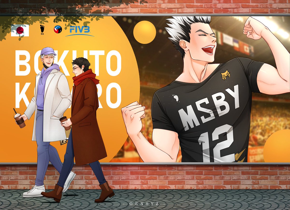 I'm still so happy with how domestic this looks~ this was my piece for the <a href="/storedlovezine/">Stored Love: A Bokuto Zine!</a>! 🧡🖤 
#bokutokotaro #BokuAka #keijiakaashi #ハイキュー #haikyuufanart #MSBY4