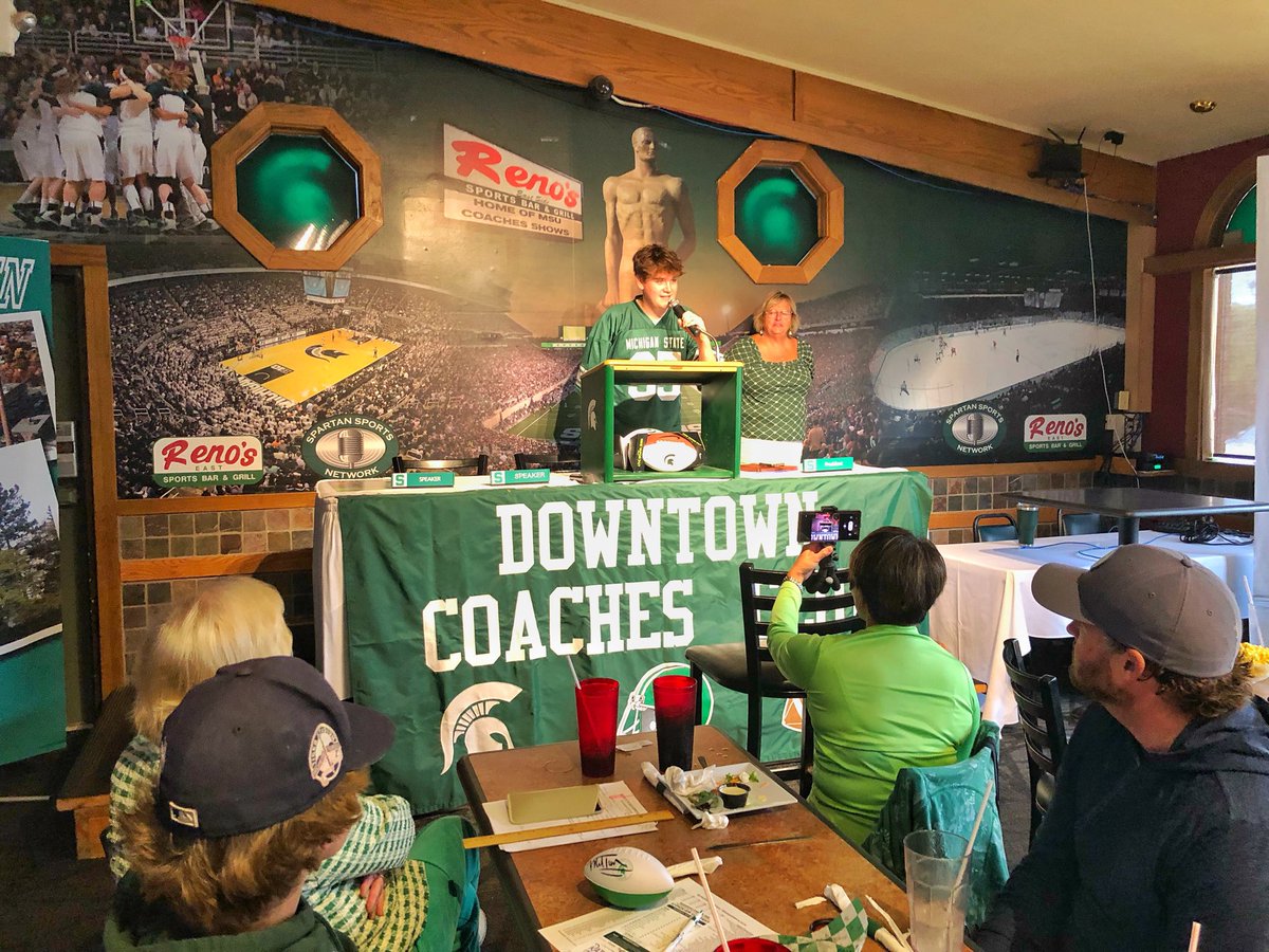 PresidentBeard's tweet photo. Fraser was invited back to Reno’s East for the Downtown Coaches Club luncheon where he heard Jay Greene’s motivational speech before sharing his NHD project!

Thank you Jessie Stipcak (Reno’s owner) &amp; Harriett Dean (Coaches Club President) for hosting Fraser!

@MSU_Football https://t.co/Q7eTRKYoXz