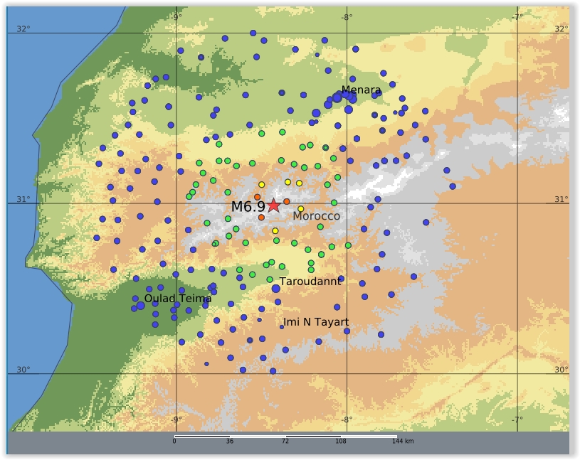 QLARM's tweet image. Earthquake M6.9 Morocco 2023/09/08 22:10:59 GMT, epicenter 30.99 ; -8.43 Fatalities between 100 and 1000, No large city but many villages affected.