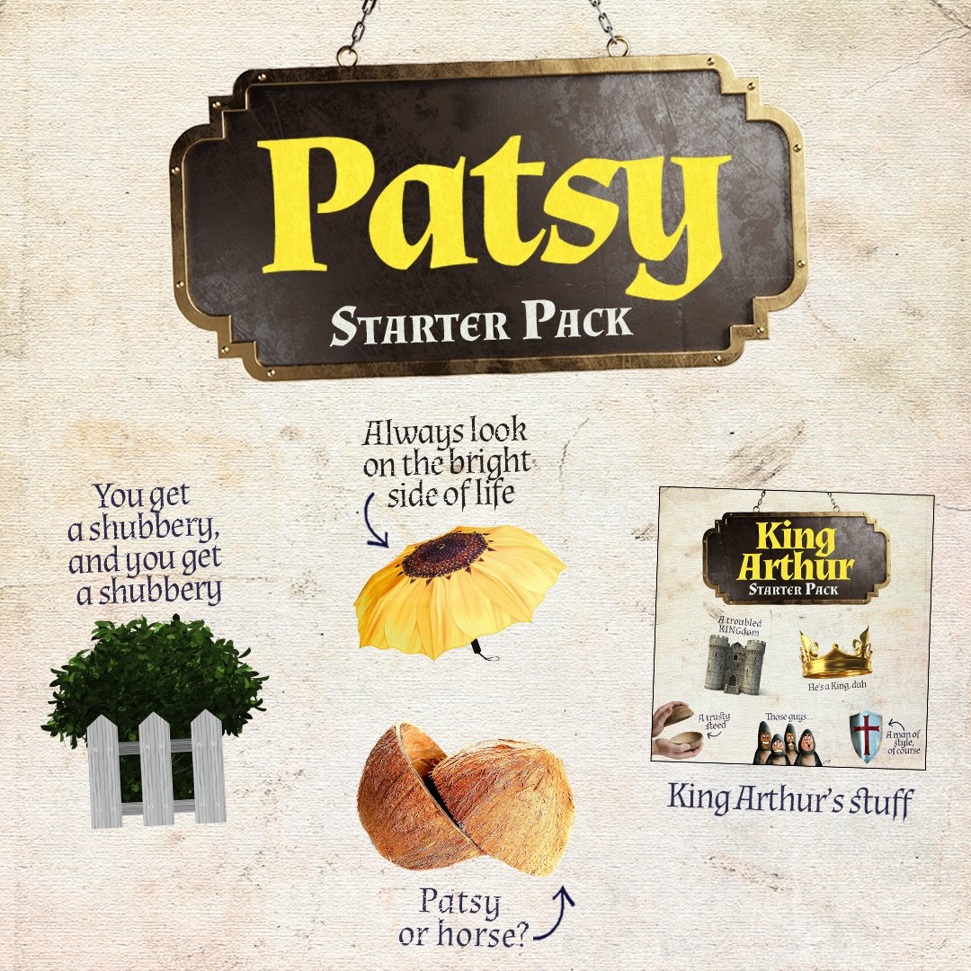 We're looking at the bright side of life with this starter pack! Get inspo from the one and only Patsy and gather everything you need to be the King Arthur's most loyal companion. 

#SpamHoliday #SpamalotBway #Broadway #musical #FindYourGrail #Ni #theater #NYC <a href="/kifferfitz/">Christopher Fitzgerald</a>